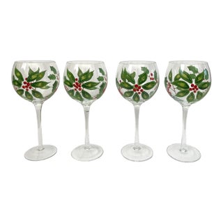 Contemporary Wine Glasses Hand Painted Christmas Holiday Holly Berry - Set of 4 For Sale