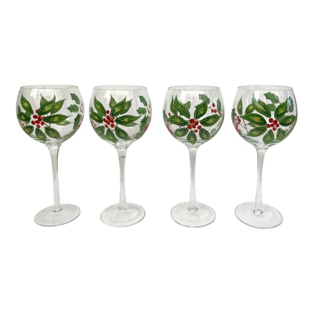 Contemporary Wine Glasses Hand Painted Christmas Holiday Holly Berry - Set of 4 For Sale