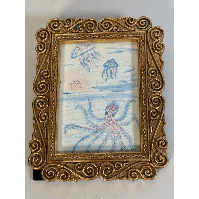 Small cute octopus and jellyfish mixed media original painting on paper.