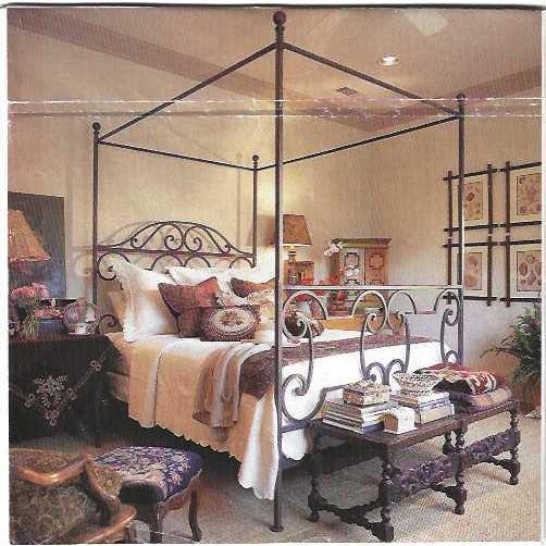 Gracefully scrolled iron queen 4 poster canopy bed. Designed by Adele Kerr inspired by Country French design and crafted...