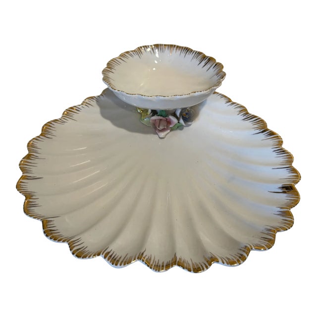 Italian Ceramic Shell Serving Bowl With Sauce Dish For Sale