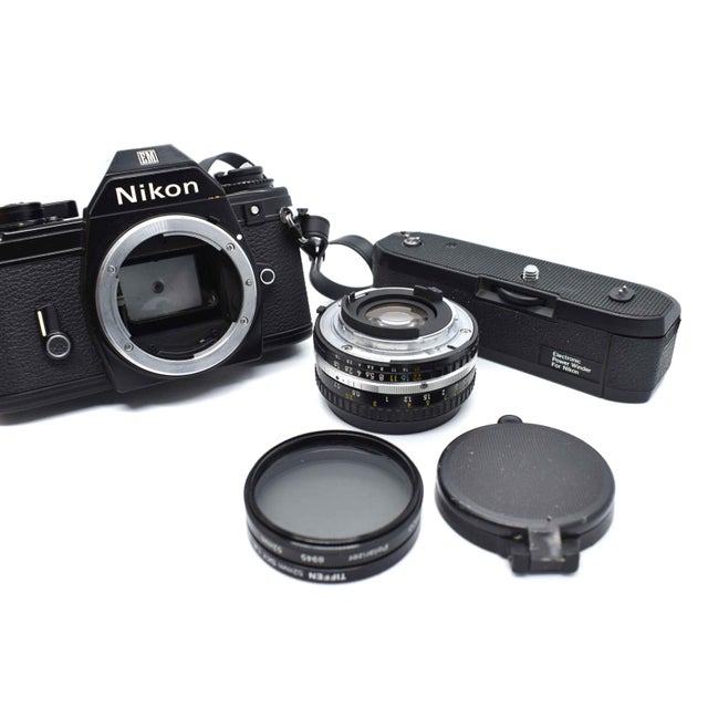 1980's Nikon Em 35mm SLR Camera Film Bundle With Lens and Power Winder For Sale - Image 6 of 10