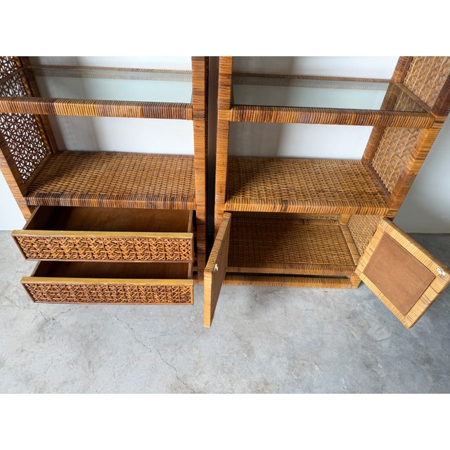 1970's Vintage Palm Beach Regency Style Arched Rattan & Glass Étagères – A Pair For Sale - Image 15 of 18