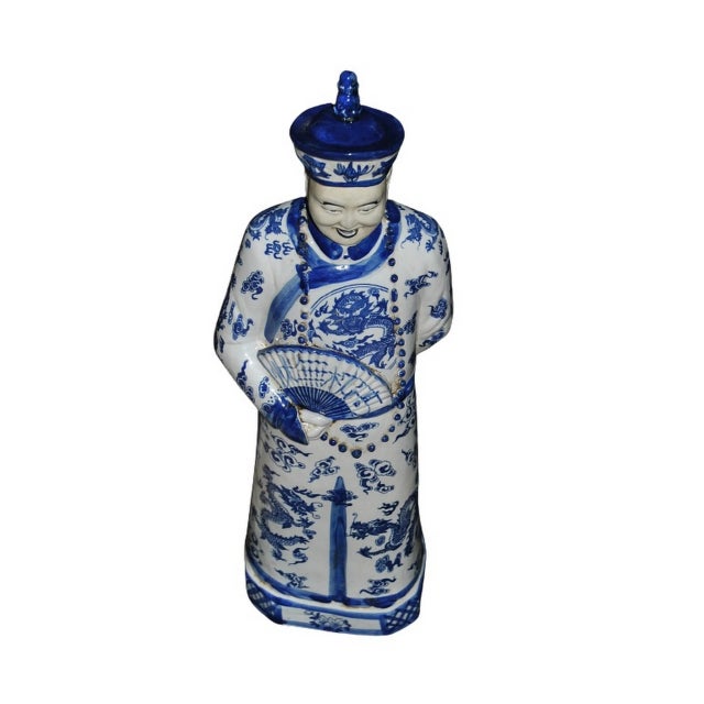 Figurative Chinese Blue & White Statuette of Emperor or Figure of Official in Dragon Robe For Sale - Image 3 of 10