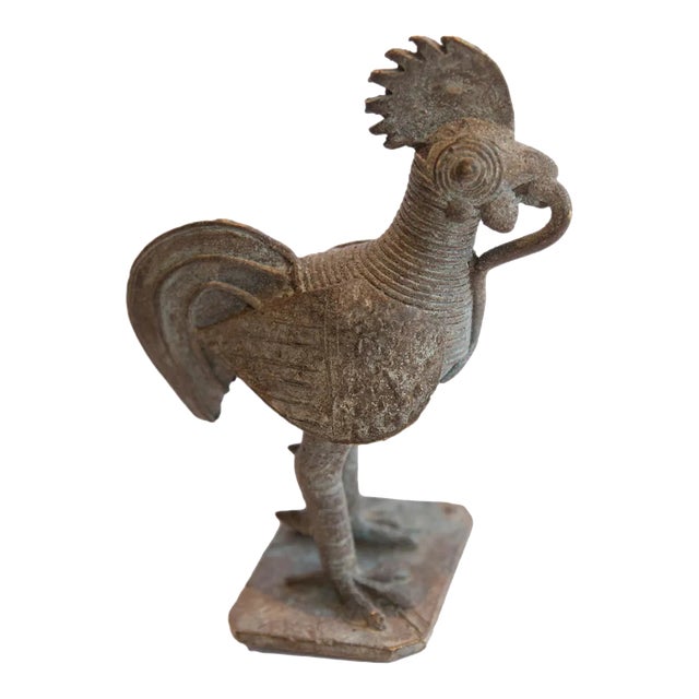 Vintage African Lightly Oxidized Rooster Sculpture With Snake For Sale