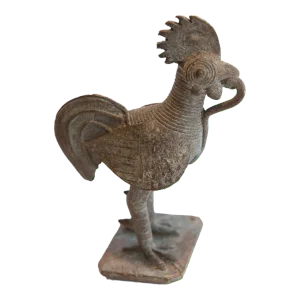 Vintage African Lightly Oxidized Rooster Sculpture With Snake
