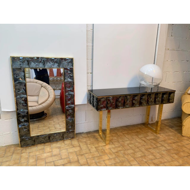 Contemporary Brass Mirror with Gray Murano Glass, Italy For Sale - Image 10 of 11