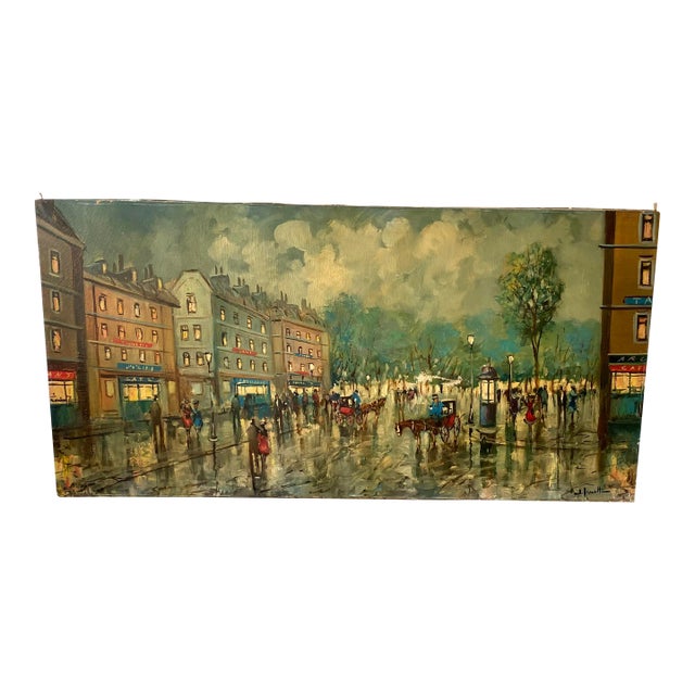 Large Vintage Paris France Street Scene Painting, Signed For Sale