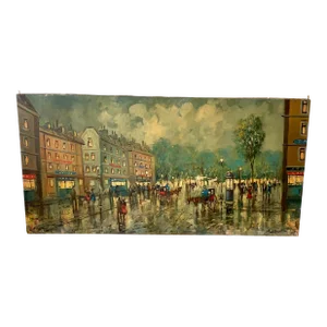 Large Vintage Paris France Street Scene Painting, Signed