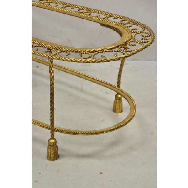 Gold Mid 20th Century Italian Hollywood Regency Gold Gilt Iron Oval 2 Tier Rope Tassel Coffee Table For Sale - Image 8 of 10
