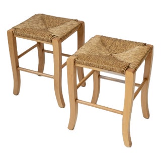 Vintage Wooden Stools with Handwoven Straw Seats and Curved Legs, 1980s, Set of 2 For Sale