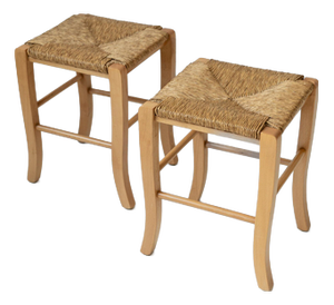 Vintage Wooden Stools with Handwoven Straw Seats and Curved Legs, 1980s, Set of 2