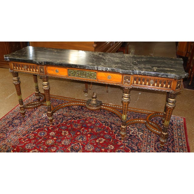 1920s French Louis XVI Style Marble Top Inlaid Satinwood & Walnut Buffet Sideboard For Sale - Image 4 of 18