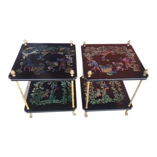 Vintage Black Lacquered Tables W/ Painted Scenes- a Pair For Sale