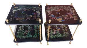 Vintage Black Lacquered Tables W/ Painted Scenes- a Pair