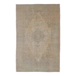 Turkish Oushak Rug in Pale Sand, Muted Teal, and Taupe Tones 6'10" X 10'10 For Sale