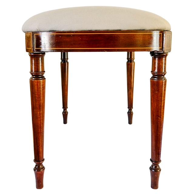 Antique English Edwardian Inlaid Mahogany Oval Bench Stool – Sheraton Revival Vanity Seat For Sale - Image 4 of 12