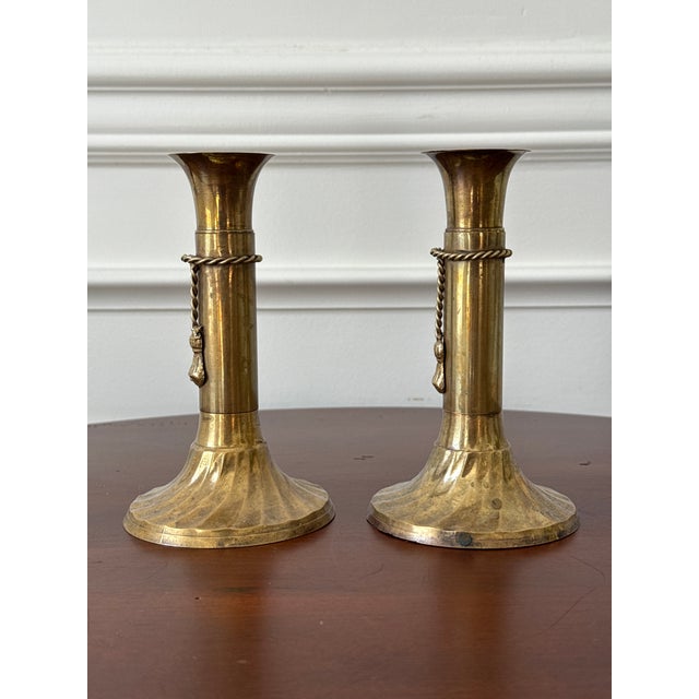 1970s Solid Brass Candle Holders Rope and Tassel Design — A Pair For Sale - Image 4 of 11