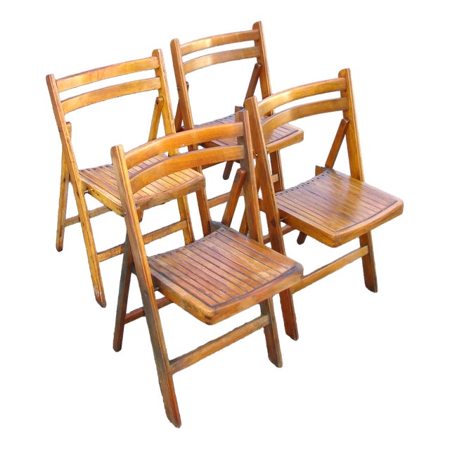 Vintage Folding Wooden Chairs, 1970s, Set of 4 For Sale