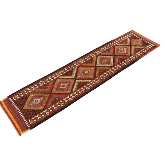 Tribal 1950s Vintage Tribal Runner in Red, Orange, Multihued Geometric Patterns, Diamonds For Sale - Image 3 of 7