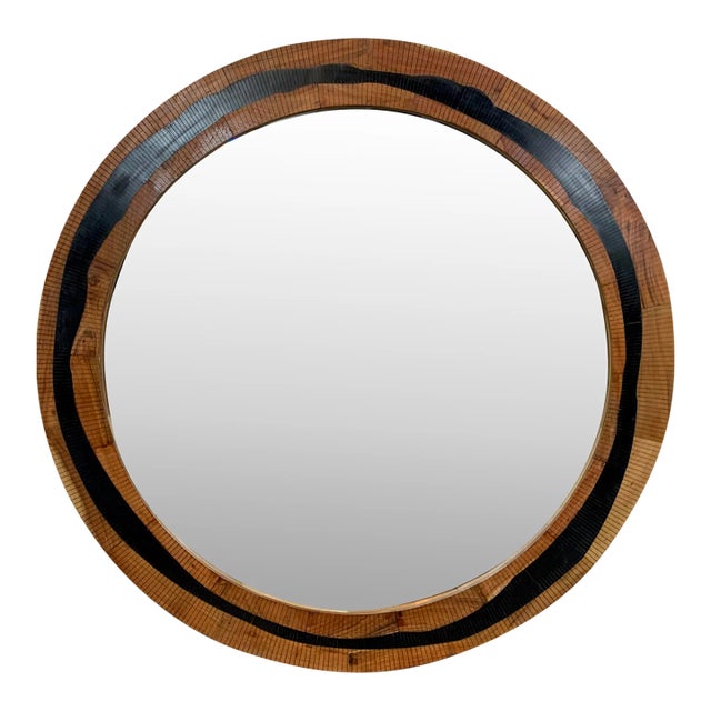 Currey & Co. Abstract Modern Black Resin and Wood Round Wall Mirror For Sale