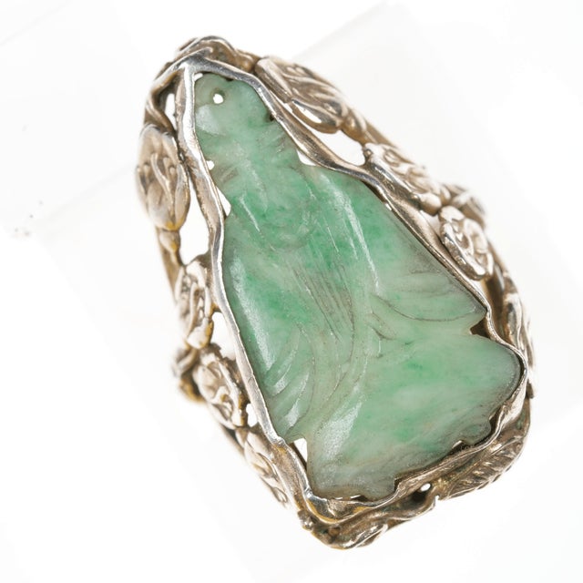 sz4.25 Antique Chinese carved Jade ring mounted in silver, solid high content silver, no detectable markings.