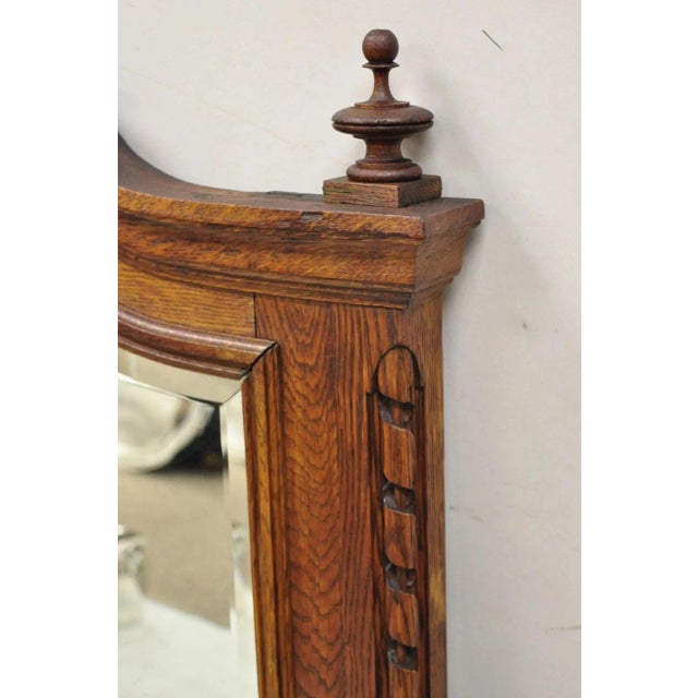 Early 20th Century Antique Victorian Carved Oak Wood Ribbon Crest Beveled Glass Wall Mirror For Sale - Image 5 of 10