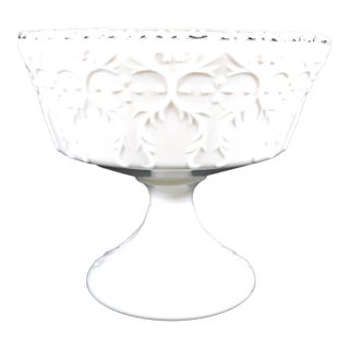 1950s White Textured Glass Compote With Clear Glass Rim For Sale