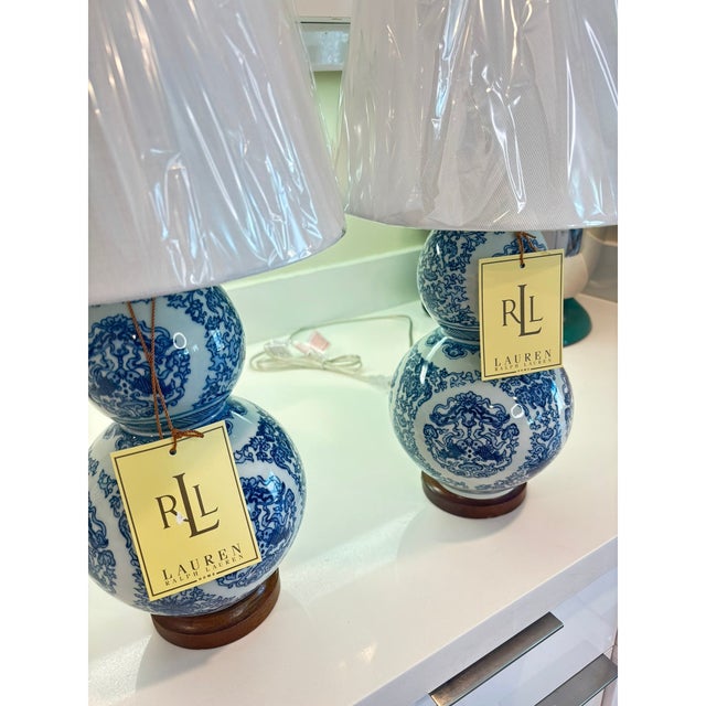 Wood Contemporary Lauren Ralph Lauren Blue & White Double Gourd Chinoiserie Koi Porcelain Lamps – A Pair For Sale - Image 7 of 8