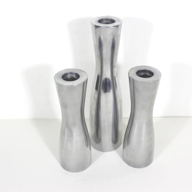 Vintage Mid-Century Modern Erika Pekkari Aluminum Scandinavian Candlesticks- Set of 3 For Sale - Image 4 of 6