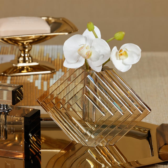 Contemporary Diamond Geometric Crystal Glass Vase, Small, Amber For Sale - Image 3 of 4