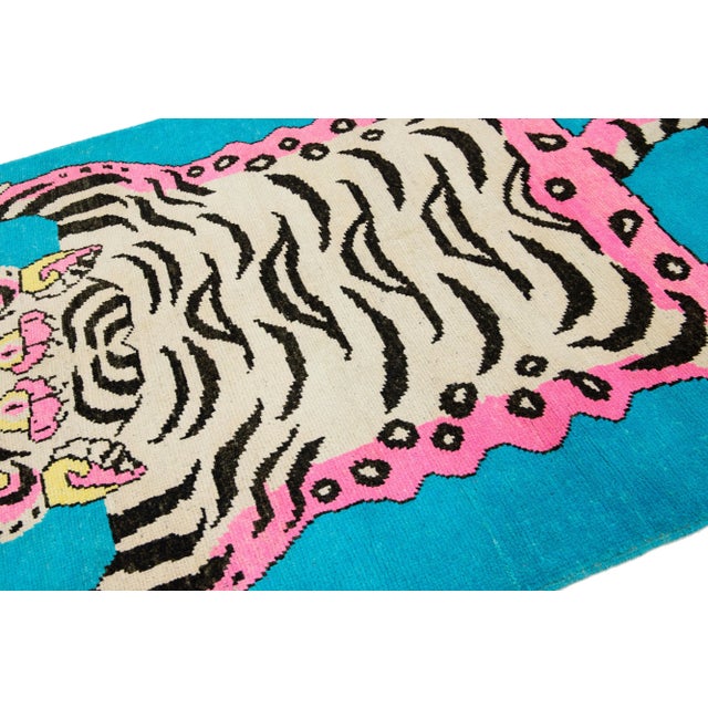 2020s Tiger Designed Handmade Turkish Wool Rug in Blue For Sale - Image 5 of 10