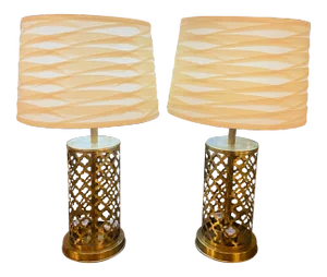 Modern Moroccan Handmade Gold Brass Table Lamp Bottom & Upper Light - a Pair