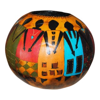 2009 "Women of the Tribe" Carved Painted Gourd Bowl - Signed For Sale