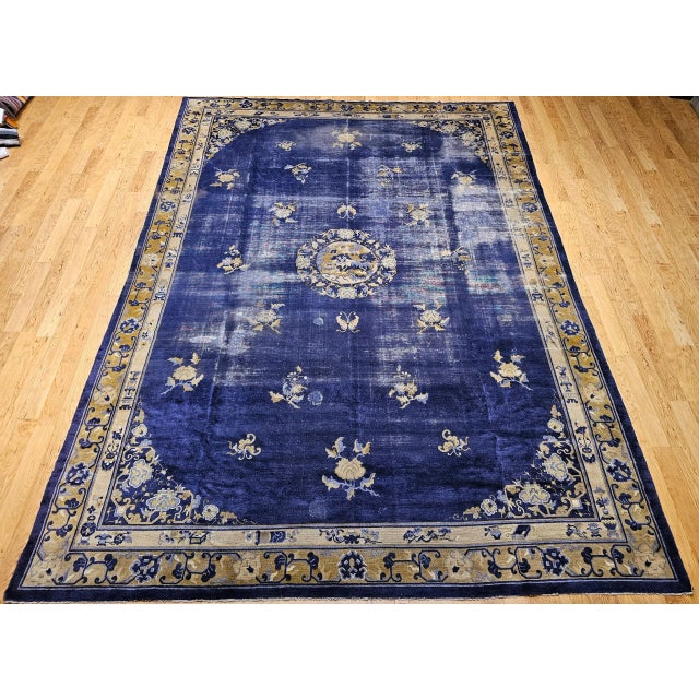 Late 19th Century 19th Century Chinese Peking Rug, Handwoven Wool, Indigo & Yellow, 10' X 14' For Sale - Image 5 of 12