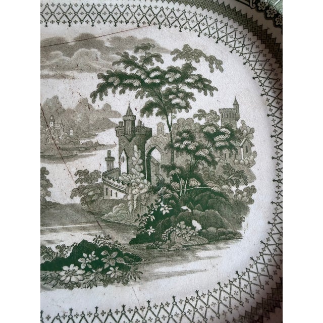 Antique Staffordshire Green Transferware Platter "Cologne" With Staple Repair, Circa 1830's For Sale - Image 6 of 14
