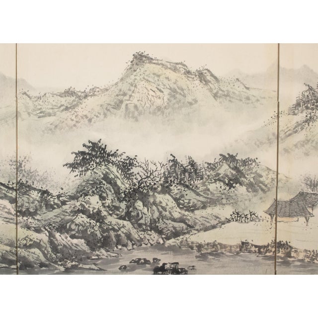 1970s Ming Dynasty Style Monochrome Screen "Landscape With Mountains" For Sale - Image 4 of 17