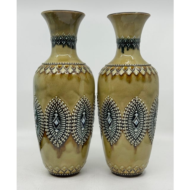 Pair of Doulton Lambeth Salt Glazed Decorated Vases 1884 For Sale - Image 16 of 16