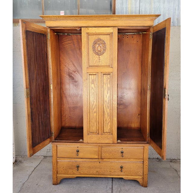 Antique Armoire / Wardrobe English Oak With Beveled Mirror Doors For Sale In San Francisco - Image 6 of 18