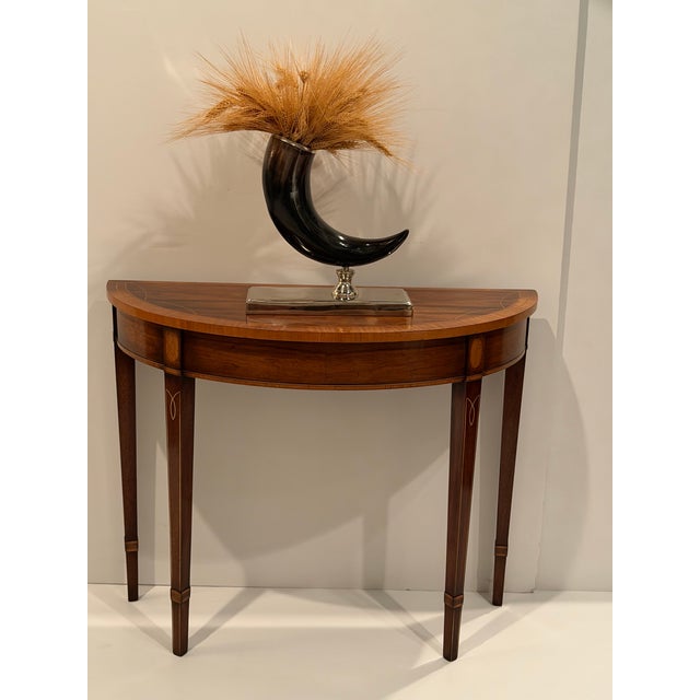 Traditional Mahogany & Satinwood Inlaid Demilune Console Tables -a Pair For Sale - Image 3 of 12