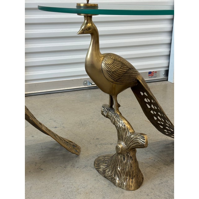 Hollywood Regency Brass and Glass Peacock Side Table-a Pair For Sale - Image 3 of 12