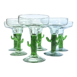 Handblown Cactus Margarita Glasses- Set of Six For Sale
