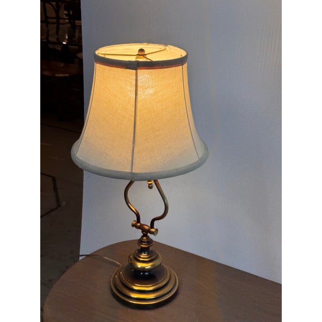 Textile Lyre Form Brass Tone Table Lamp, Vintage For Sale - Image 7 of 12