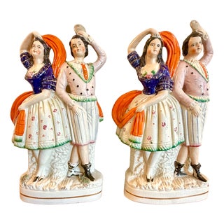 Antique Dancing Couple with Mask Mantel Figurines from Staffordshire, England, 1860, Set of 2 For Sale