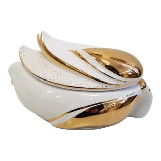 Signed Handmade Italian Porcelain Trinket Box – 24k Gold Mid-Century Vanity Decor For Sale