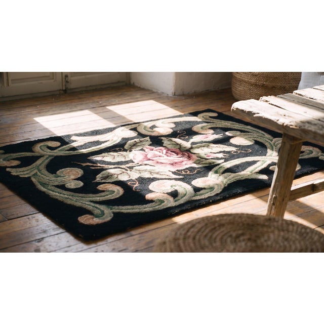 1920s Black Floral Folk Art Antique American Hooked Rug 2'2" X3'0" Handknotted Wool Carpet For Sale - Image 9 of 9