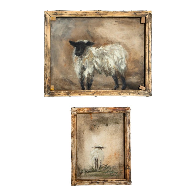 Pair of Vintage Sheep Paintings in Original Rustic Wood Frames For Sale
