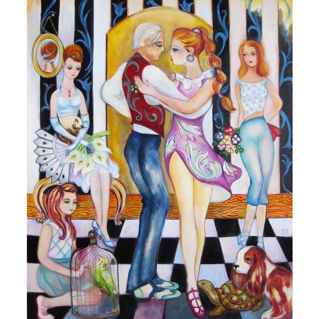 Wallflowers by Zoa Ace | Oil on Canvas Painting of figures dancing with women and animals For Sale