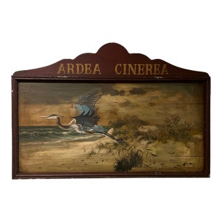 Vintage Hand Painted Exotic Animal Carnival Sign Oil on Board of Arden Cinerea Grey Heron For Sale