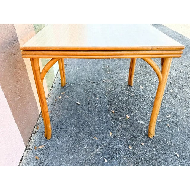 Mid 20th Century Palm Beach Regency Vintage Florida Flip Top Rattan Game Table For Sale - Image 5 of 12